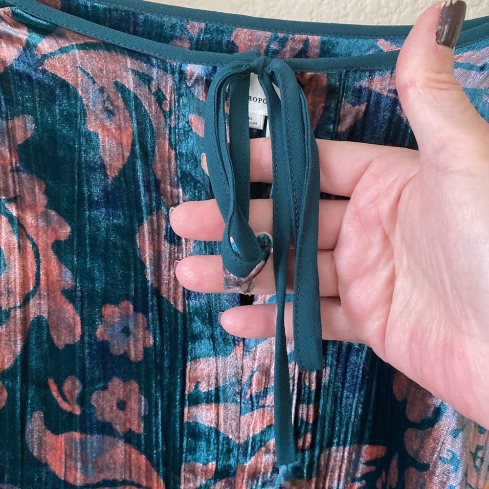 Anthropologie Floral Peasant Blouse Green Velvet NWOT - Picture 2 of 5